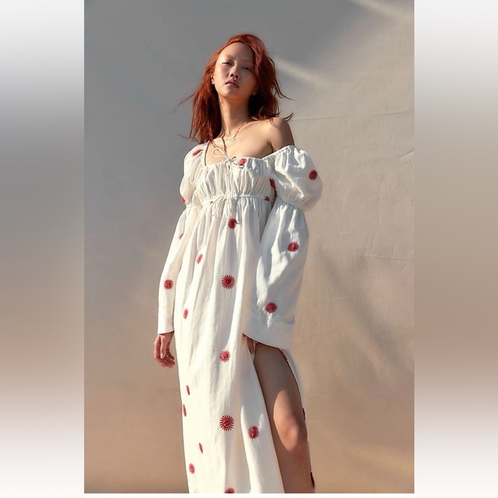 NWT Free People Emory Embroidered Cotton-Linen Blend Midi Dress in Ivory size M